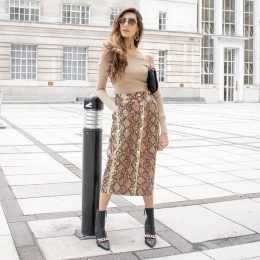 NWT Zara High Waist Snakeskin Print Skirt Orange Brown Midi Size S Office Baddie - Picture 6 of 10